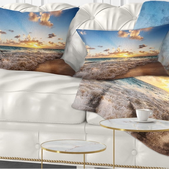 Designart Sunrise on Beach of Caribbean Sea - Seashore Throw Pillow - 12x20
