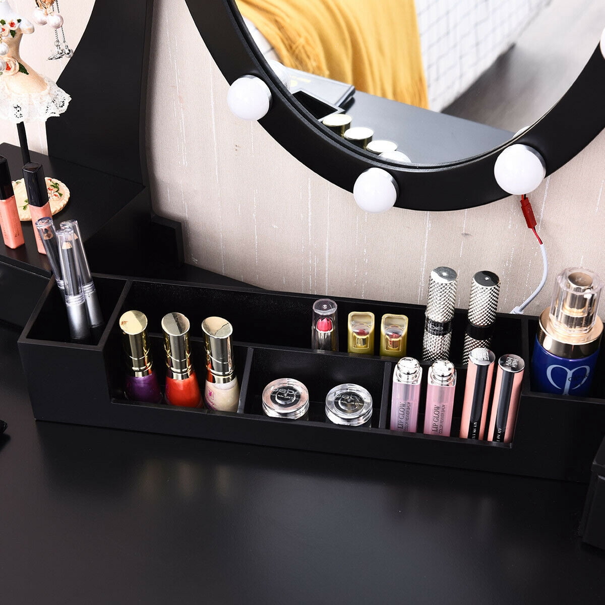 Gymax Vanity Table Set Makeup Dressing Table with10 Light Bulbs and Touch Switch, Black