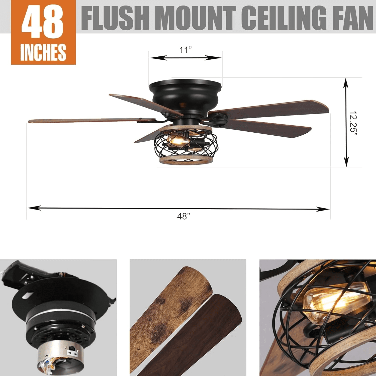 48" Farmhouse Black 5 Reversible Blades Flush Mount Ceiling Fan with Light and Remote Control
