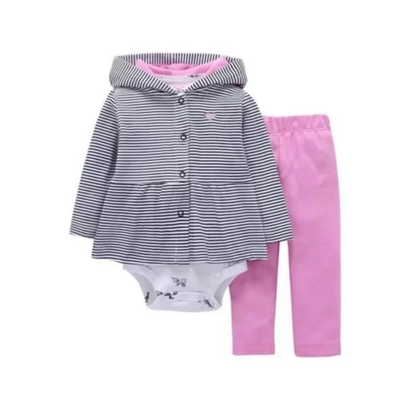 LitaLin Toddler Girls Pink Long Sleeve Hooded 3-Piece Cardigan Legging Set (6-9 Months)
