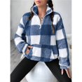 thumbnail image 5 of Women's Plaid Long Sleeve Zipper Fleece Sweatshirt Pullover Jacket Coat with Pockets Blue XL, 5 of 8