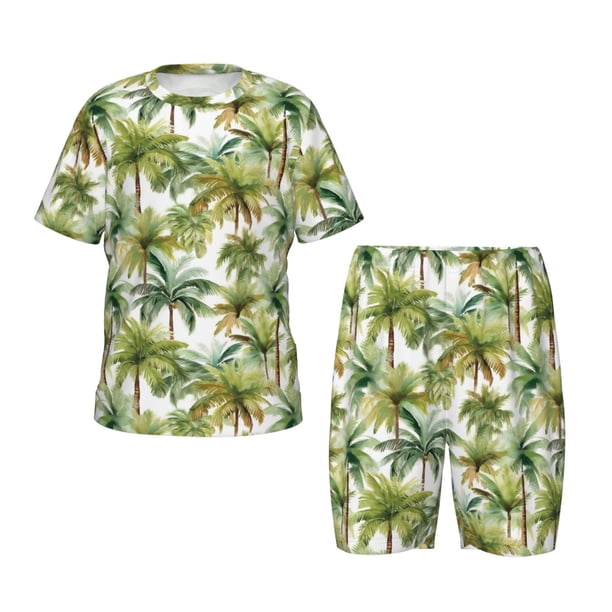 Balery Green Hawaii Palms Conjunto de Pijama Infantil de Manga Corta con Estampado – Ropa de Dormir de Algodón Suave-Medium