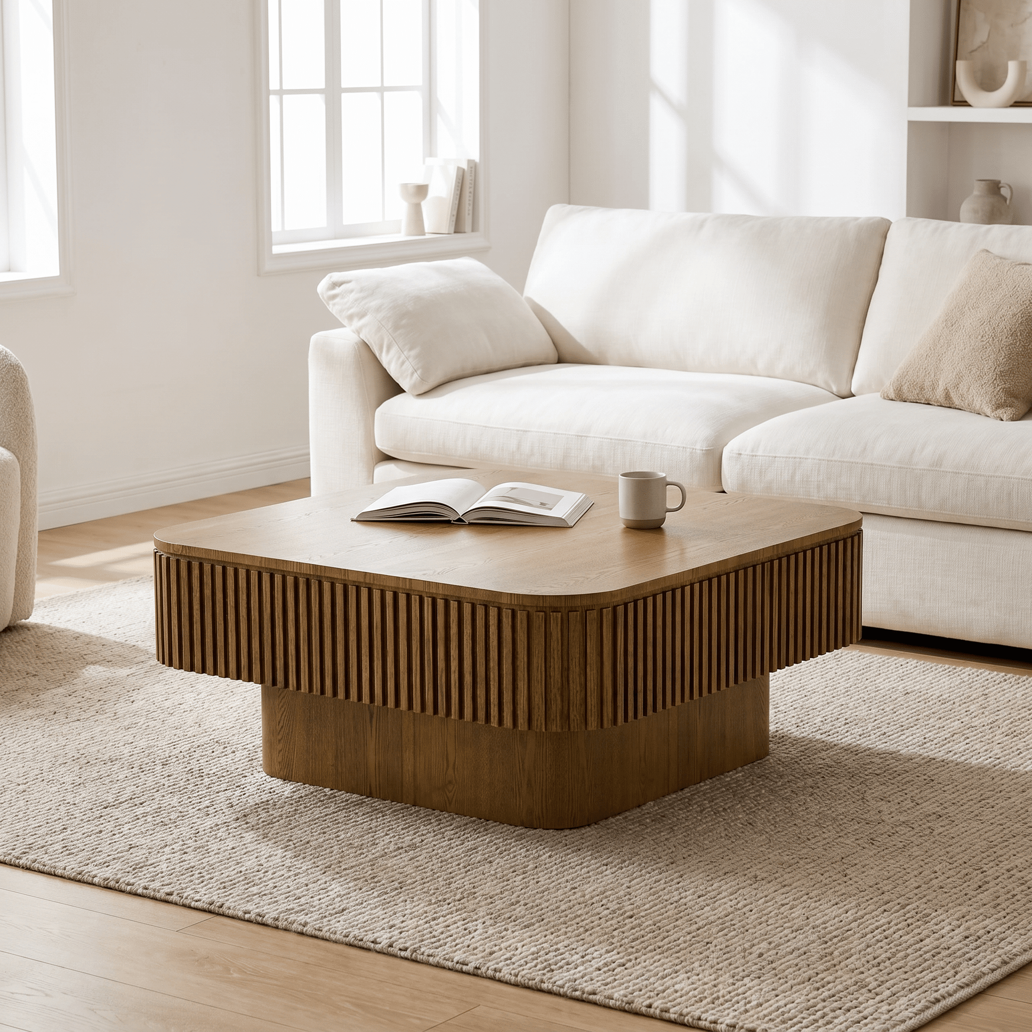 Homy Casa 31.5 in Warm Oak Square Coffee Table with Sliding Hidden Storage and Fluted Sides