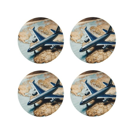 

Yiaed Airplane World Map Adventure Print Leather Coasters for Drinks - Cup Coasters Coffee Table Kitchen Table Bar Home & Office Gifts Handmade Drink Coasters-Round Shape