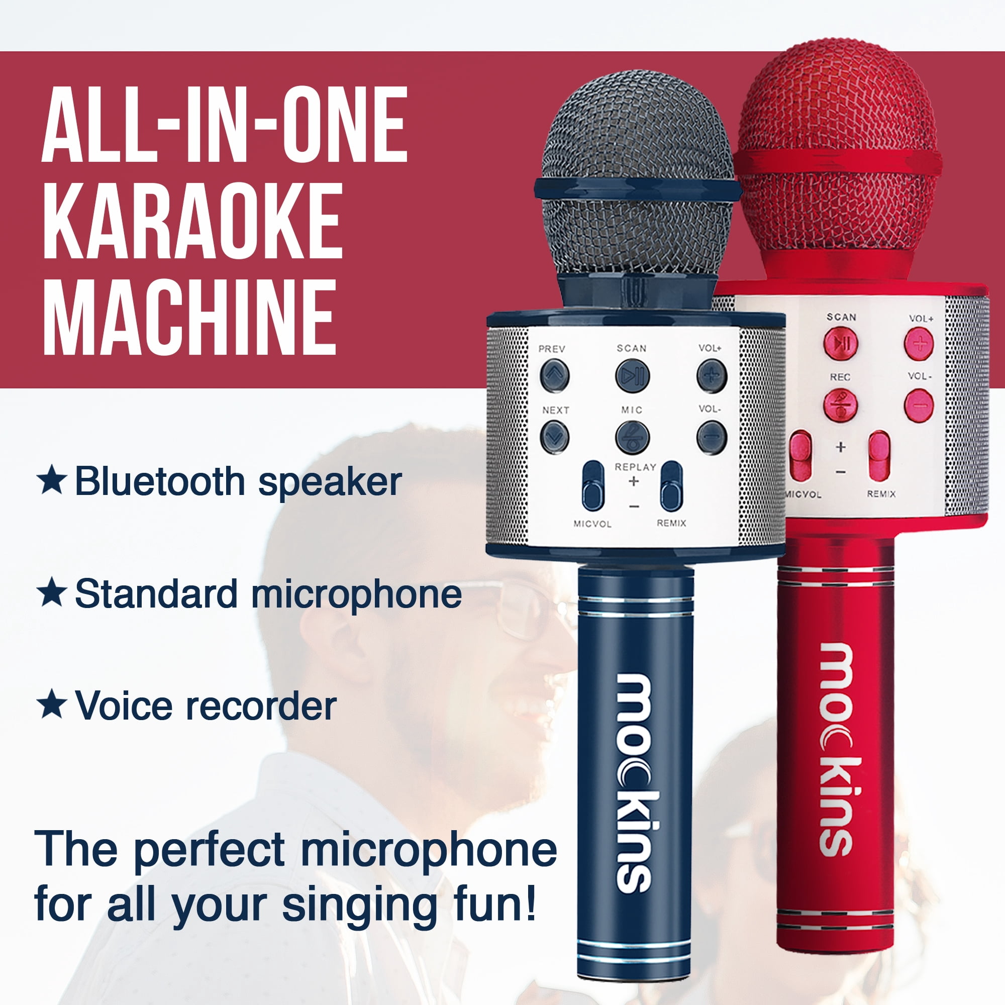 Mockins Navy & Red Karaoke Microphones with Bluetooth Speakers | Portable - Compatible with Android and IOS Devices | 2-Pack
