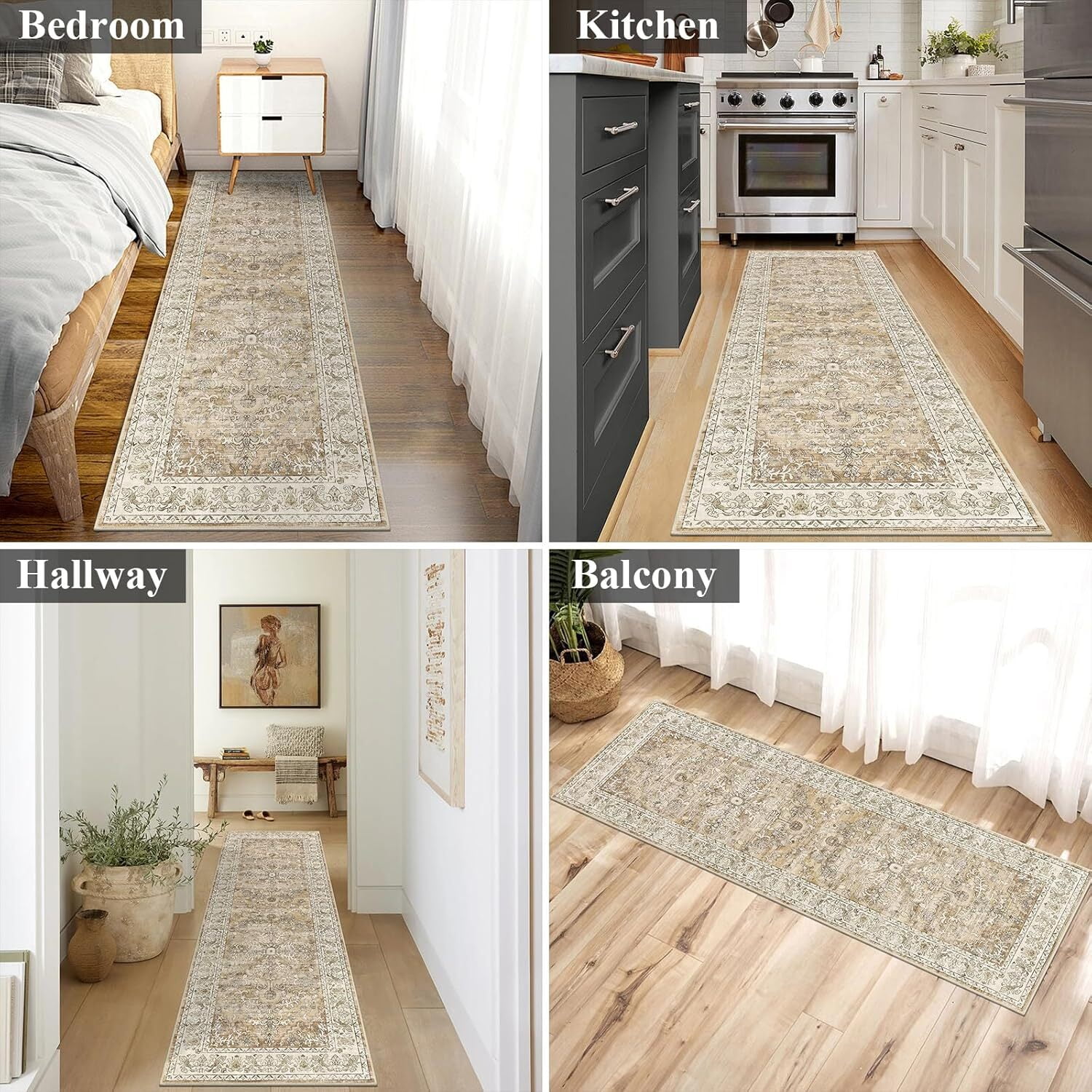 Findosom 2'x6' Vintage Boho Runner Rug Washable Non-slip Area Rug,Hallway Indoor Farmhouse Bedroom Kitchen Living Room Non Shedding Runner, Contemporary Low Plie Floor Carpet Doormat,Brown