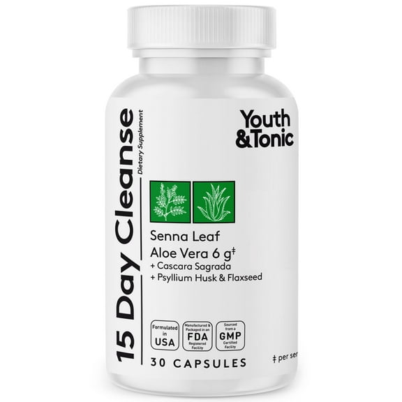 Youth & Tonic Tonic 15 Day Detox Cleanse Supplement with Senna Leaf, Stomach and Bowel Support, 30 Capsules