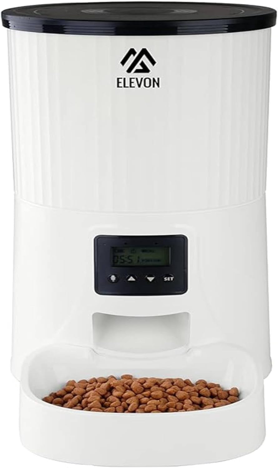 Elevon 4L Automatic Cat and Dog Feeder – Smart Food Dispenser with Portion Control, 10s Voice Recorder, Programmable Timer & Desiccant Bag, White