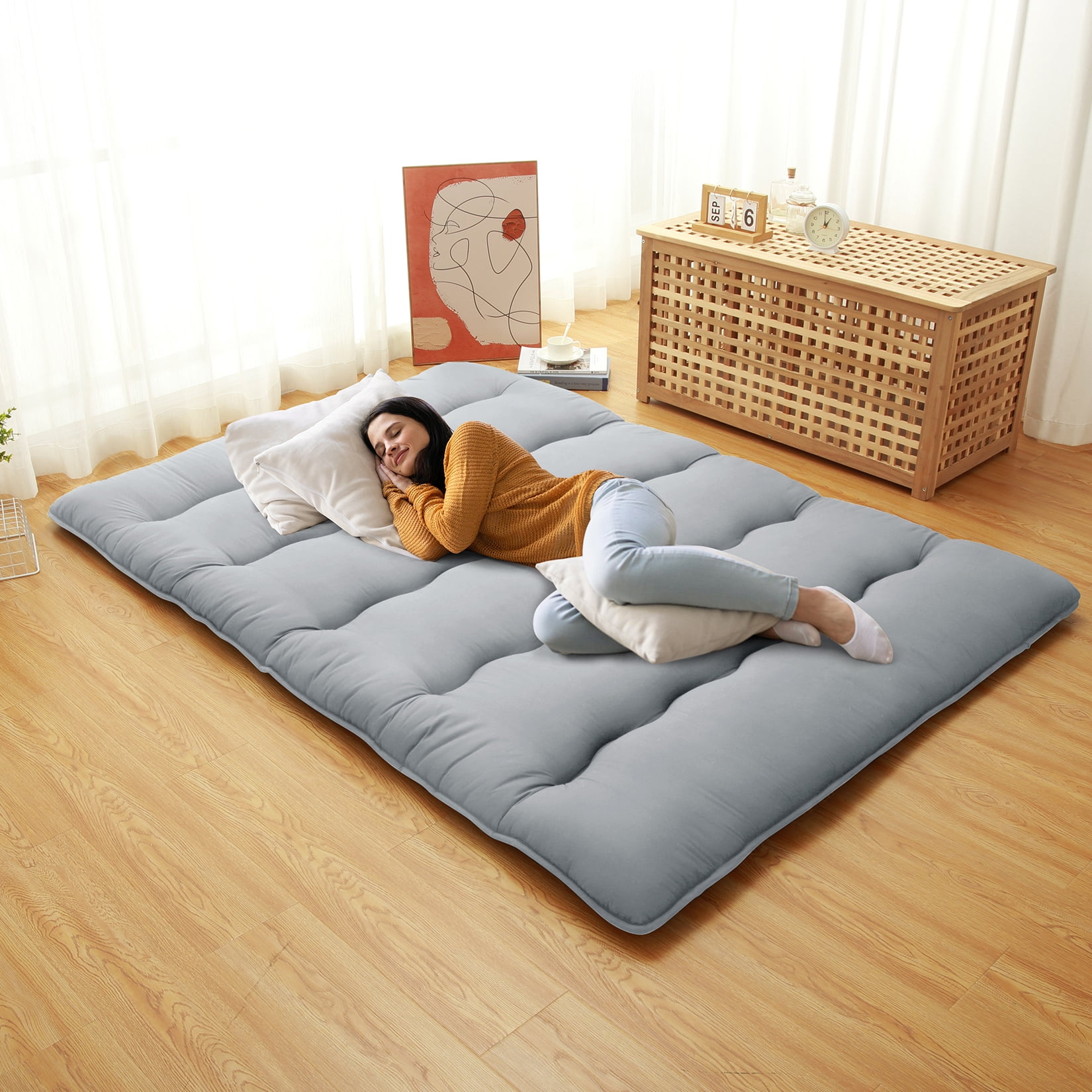 Japanese Futon Floor Mattress Twin/Full Size Sleeping Mat, Tatami Mat, Portable & Foldable Roll Up Camping Mattress Pad for Sofa Lounger, Light Gray, Full