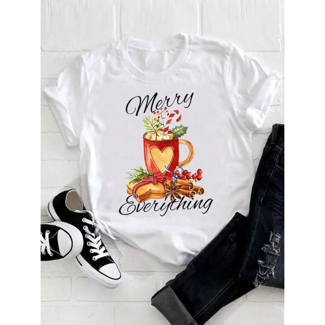 Camisetas estampadas de manga corta para mujer, ropa de moda con estampado de estrella, árbol de acuarela, tendencia linda, Feliz Navidad, Año Nuevo