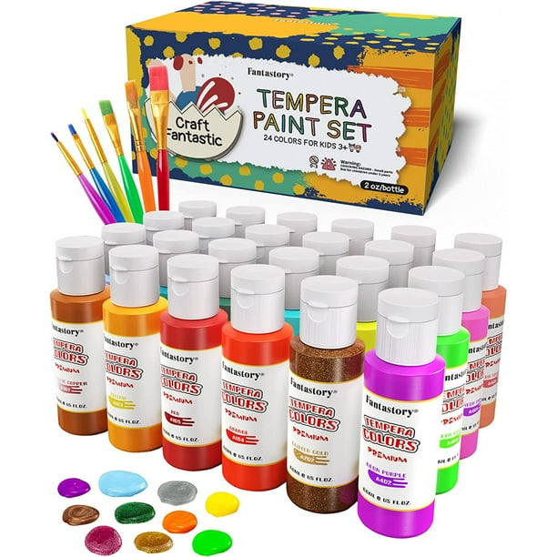Fantastory Tempera Paint Set 24 Colors (2oz Each), Washable Paint for