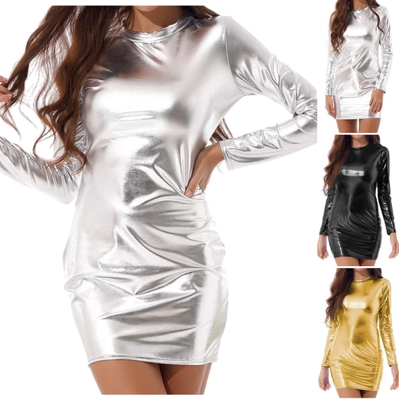 FRSASU Metallic Bodycon Dress for Women Stretchy Long Sleeve Crew Neck Shiny formal Dresses for Party Club White