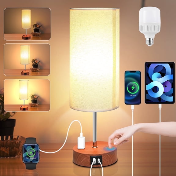 Table Lamps for Bedroom, 3 Way Dimmable Touch Control Bedside Lamp with USB C A Fast Charging Ports, Nightstand Lamp for Office, Living Room, Reading(E26 Light Bulb Included), Wood