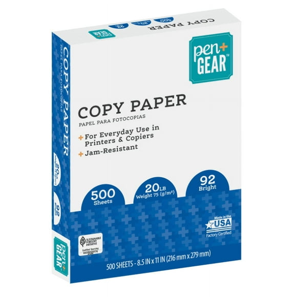 Pen+Gear Copy Paper, 8.5" x 11", 92 Bright, White, 20 lb., 1 Ream (500 Sheets)