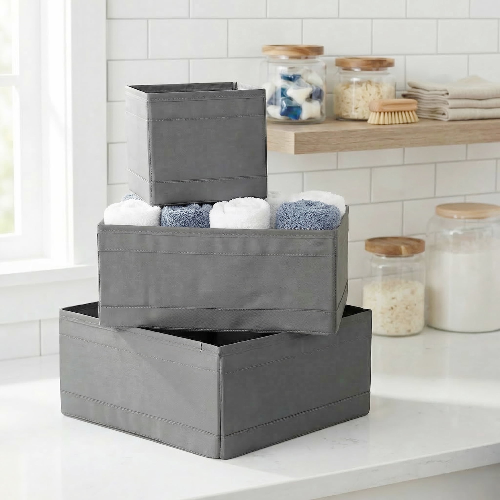 Unique Bargains 3Pcs Fabric Collapsible Storage Basketas with Zipper Grey 3 Pcs