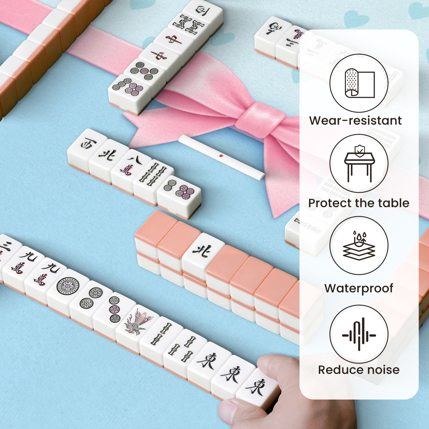 Mahjong Mat 31.5" x 31.5" Blue Pink Heart Bow Ribbon Light Blue Non-Slip Noise Reduction Mahjong Tiles Table Cover for Dominoes Poker Card Board and Tile Games