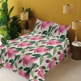 thumbnail image 2 of Ambesonne Floral Fitted & Flat Sheet with Shams 4 Pcs Set, Botanical Flower Leaves Art, Queen, Forest Green and Magenta, 2 of 5