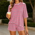 thumbnail image 5 of BRELIL Women's Round Neck Short Sleeve T-Shirt Two Piece Set Elastic Waisted Shorts Striped Casual Lounge Matching Outfits Summer Everyday Wear, Red M, 5 of 8