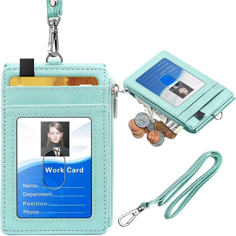Badge Holder with Zipper, ELV PU Leather ID Badge Card Holder Wallet with 5  Card Slots, 1 Side RFID Blocking Pocket and 20 Neck Lanyard/Strap for
