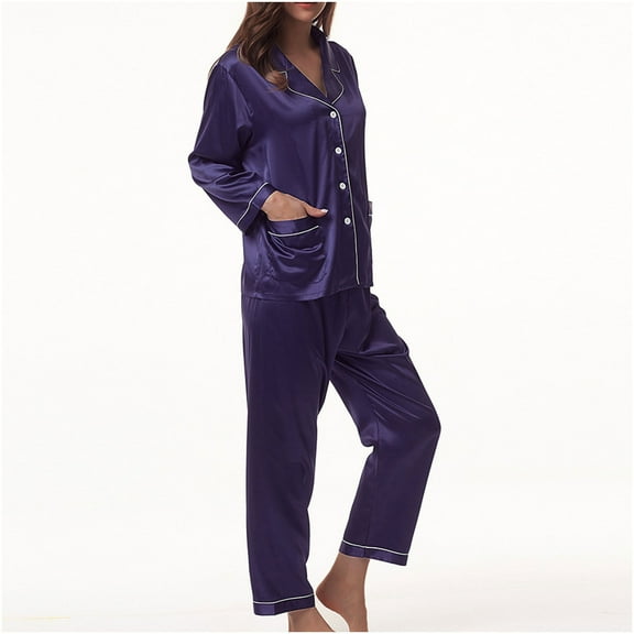 Lovskoo Satin Pajamas Womens Lounge Sets Two Piece Set Button Down Nightwear Homewear Soft Long Sleeve Tops With Trousers Solid Night Matching Set Pajamas Suits Sleepwear Loungewear Purple