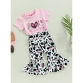 thumbnail image 3 of Seyurigaoka 2 Pcs Toddler Baby Girl Easter Outfits Short Sleeve Round Neck Tops and Cow Print Flare Pants Set, 3 of 9