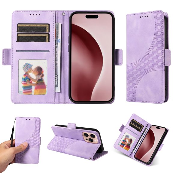 Allytechgroup Flip Wallet Case for iPhone 16 Pro Max, Premium PU Leather Stylish Pattern Stand Feature Cards Holder Hand Wrist Bumper Phone Case for iPhone 16 Pro Max, Purple