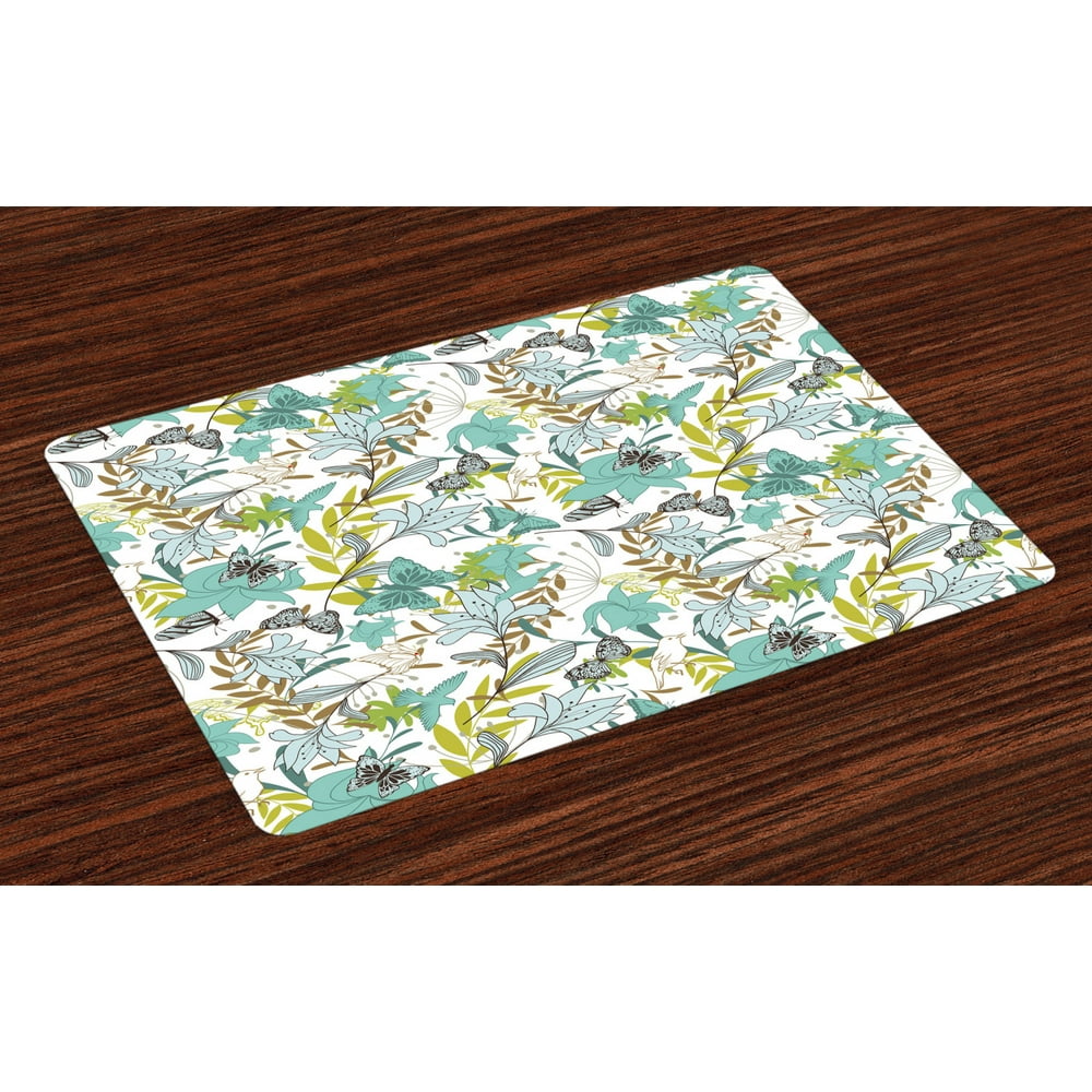 Floral Placemats Set of 4 Flying Birds Butterflies Floral Elements Art