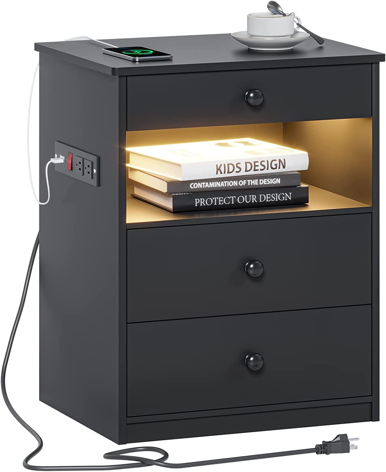 Nightstand with Charging Station and LED Light, 3 Drawers Bedside Table
