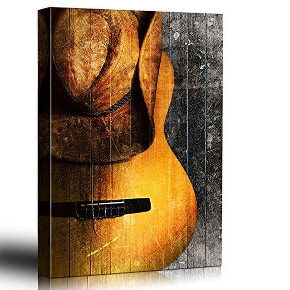 wall26 - Guitar and Cowboy hat on Rustic Wood - Weathered hat Rests on an Acoustic Guitar - Painted Wood Texture Country Style - Canvas Art Home Art - 12x18 inches