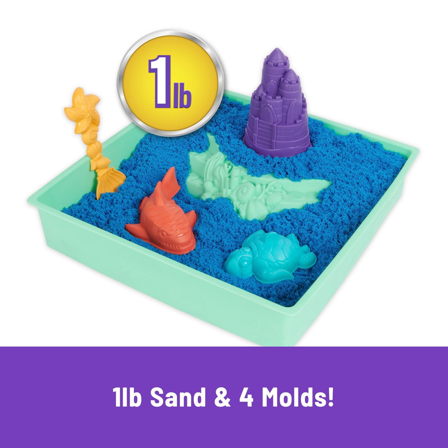 Kinetic Sand Sandbox Set, 1lb Blue Play Sand, Sandbox Storage, 4 Molds and Tools, Sensory Toys for Kids Ages 3+