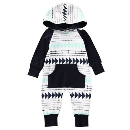 

Fanvereka Jumpsuit Newborn Baby Geometric Pattern Long Sleeve Kangaroo Pocket Hood Romper