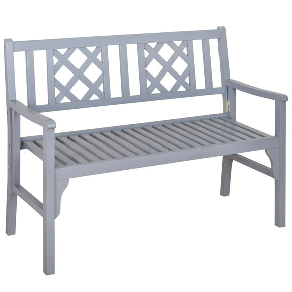 Outsunny Foldable Garden Bench, 2-Seater Patio Wooden Bench, Kids, Solid Poplar Wood, Backrest and Armrest, - Set of 2, Grey