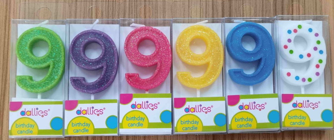 Dallies #9 Birthday Candle W/Pick, Assorted Colors with Polka Dots or Glitter, 1.8 in, 1ct