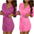 thumbnail image 2 of 2PC Women Lightweight Bathrobes V Neck Comfy Solid Color Loungewear Long Sleeve Housecoat Short Nightwear Style B-5 New Pinks One Size, 2 of 9