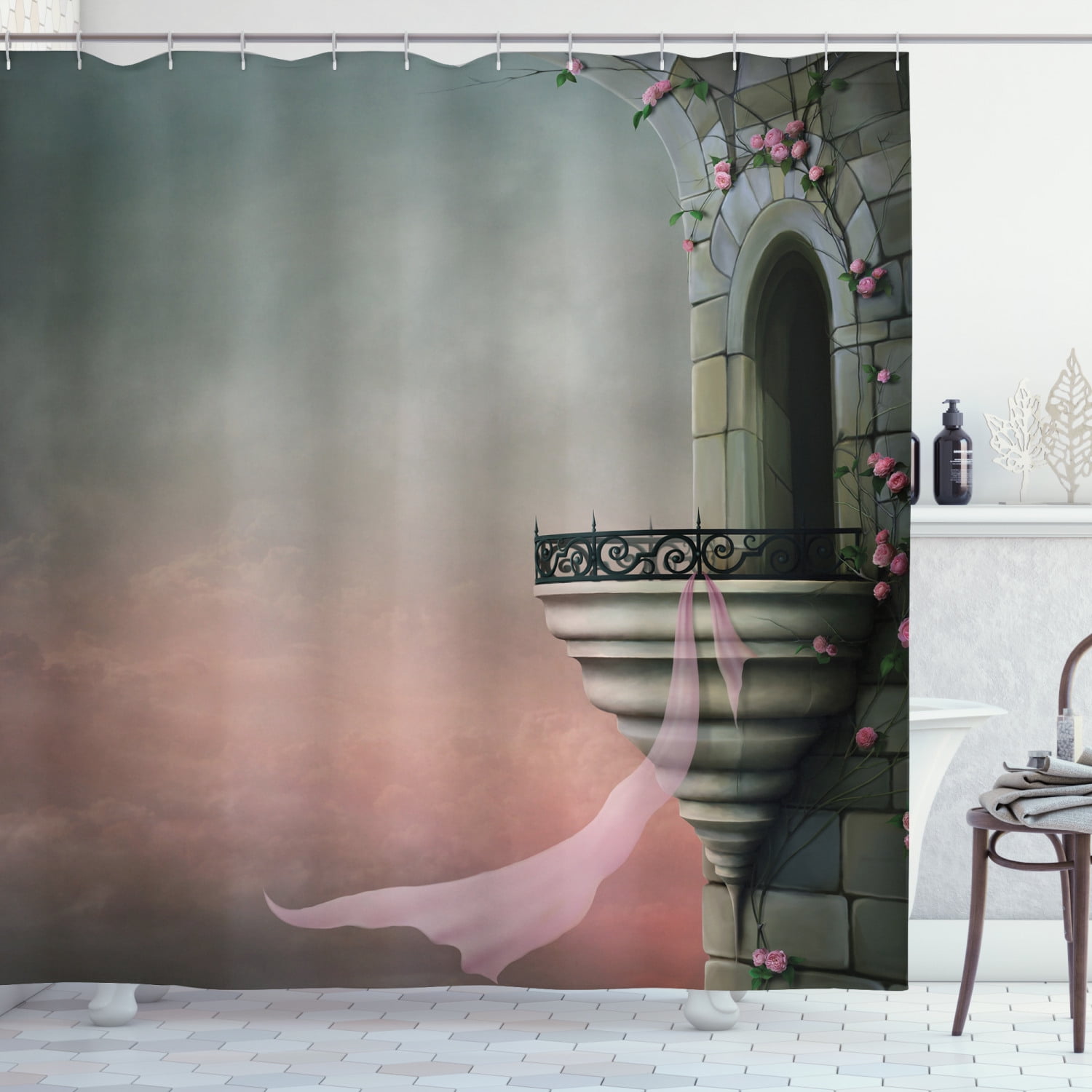 Gothic Shower Curtain, Old Fantastic Tower with Medieval Style Balcony