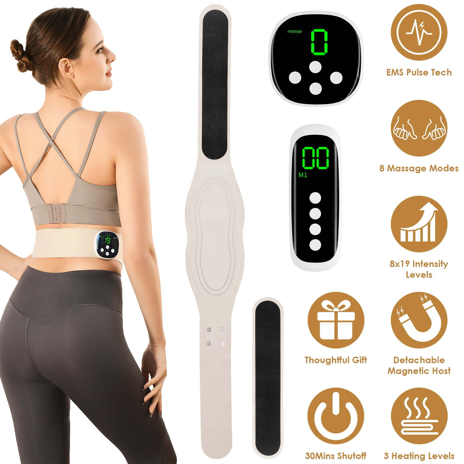 Cordless EMS Heating Pad - 8 Massage Modes & 19 Intensity Levels, 3 Heat Settings (104-122 ℉ ) & Magnetic Remote Control