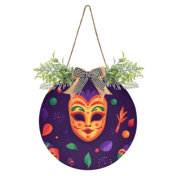 Mardi Gras Mask Front Door Porch Decoration Hanging Sign with Artificial Green Plants and Bow for Home Outdoor Indoor