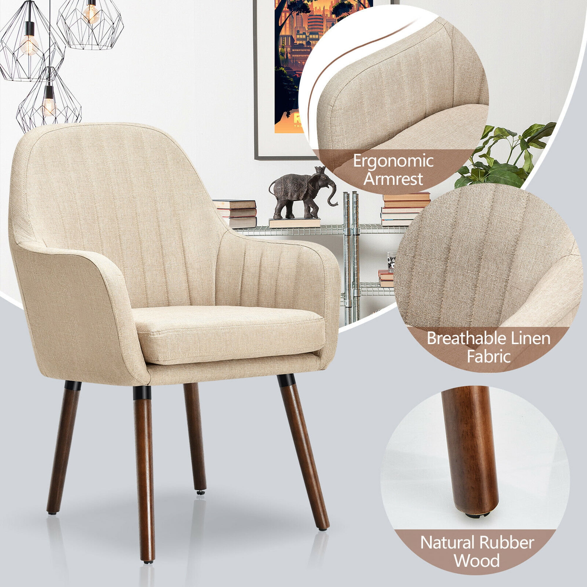 Gymax Set of 2 Accent Chairs Fabric Upholstered Armchairs w/Wooden Legs Beige