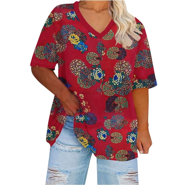Camisetas de Verano de las Mujeres con Cuello en V de Manga Corta Impresa, Camiseta Deportiva para Uso Casual Y Diario