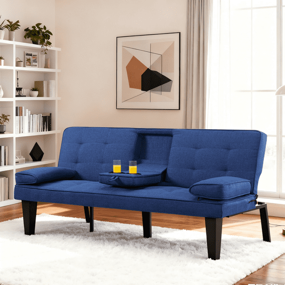 Gewnee 65''Futon Sofa Bed,3-Position Adjustable Folding Multi-Functional Sleeper Sofa with Cup Holder,Suitable for Living Room,Office and Guest Room.(Navy Blue)