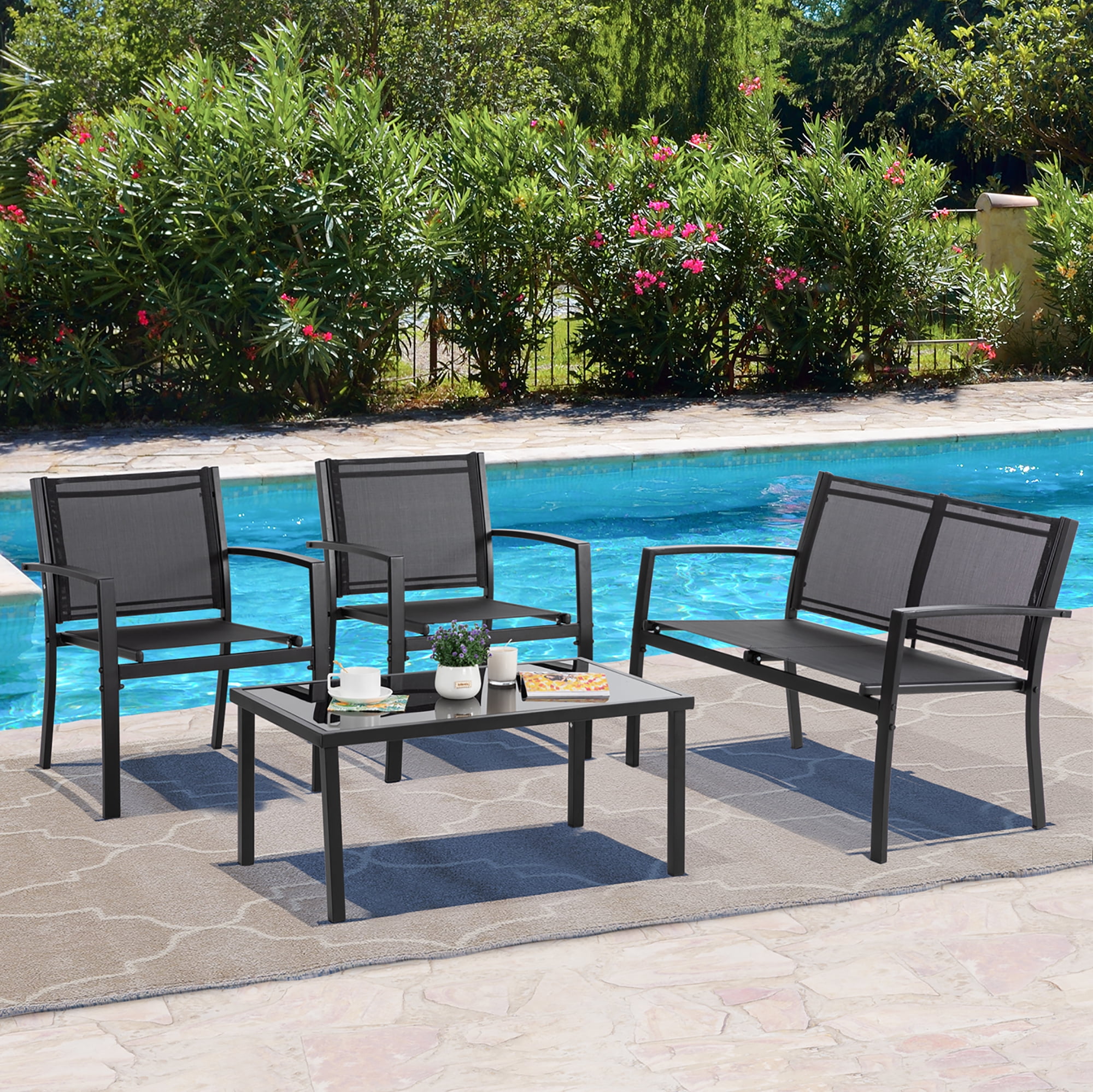 Walsunny 4 Pieces Outdoor Furniture Set All Weather Patio Textilene Steel Conversation Set, Patio Furniture Set Bistro Set with Loveseat ea Table for Lawn and Balcony, Black