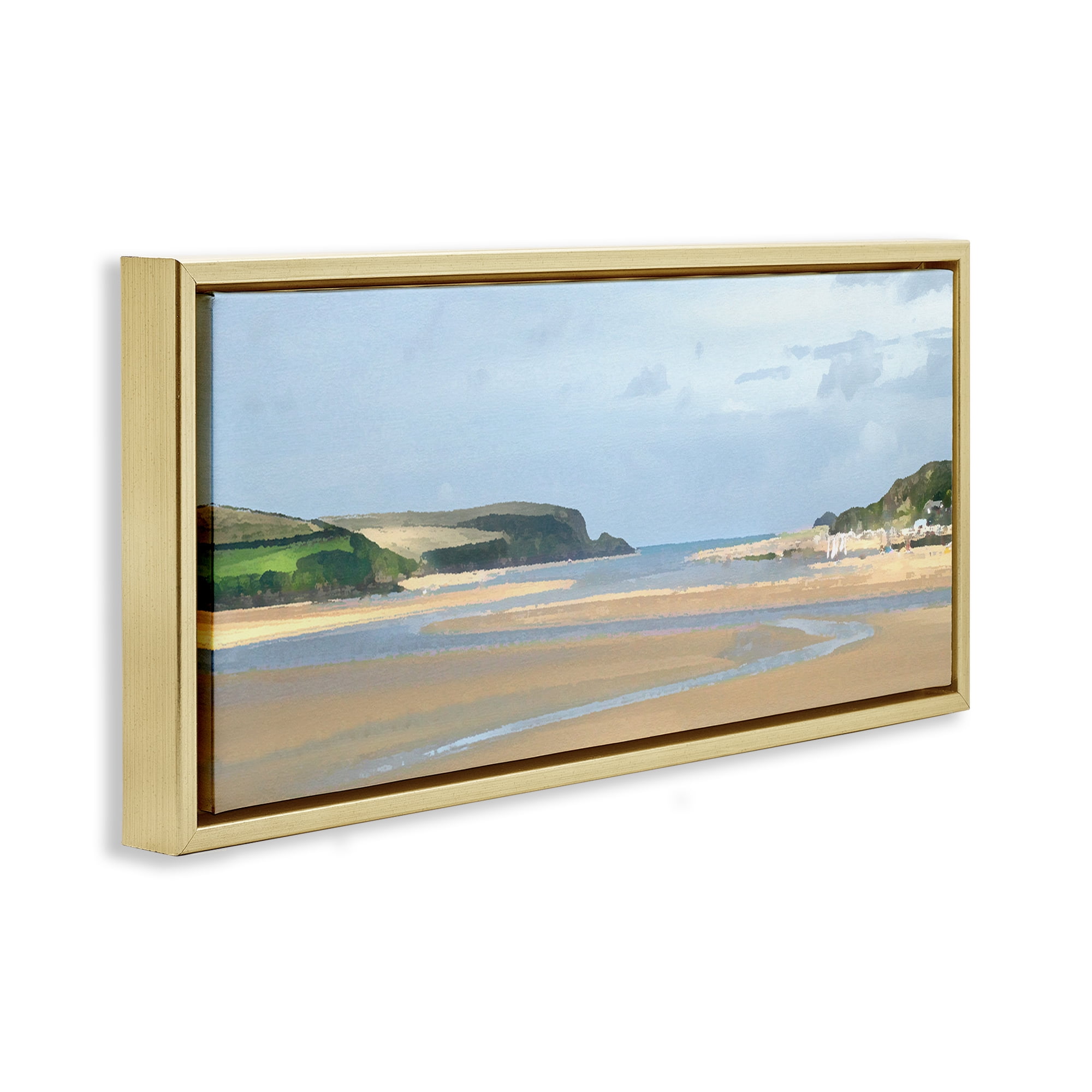 Stupell Industries Vast Beach View Landscape Painting Gold Floater Framed Canvas Art Print Wall Art, 31 x 14