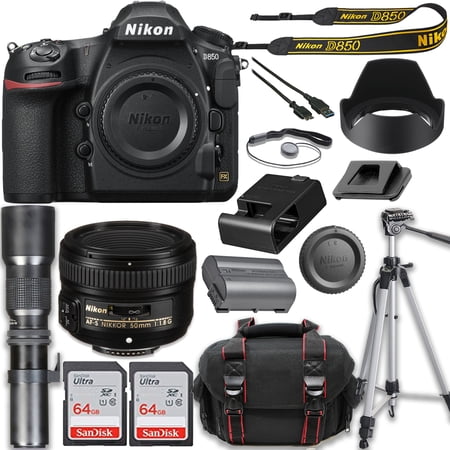 Nikon D850 DSLR Camera + Nikon AF-S NIKKOR 50mm f/1.8G Lens + 500mm f/8 Focus Lenses + 2X 64GB Memory Cards + Case + Tripod & More (25pc Bundle)