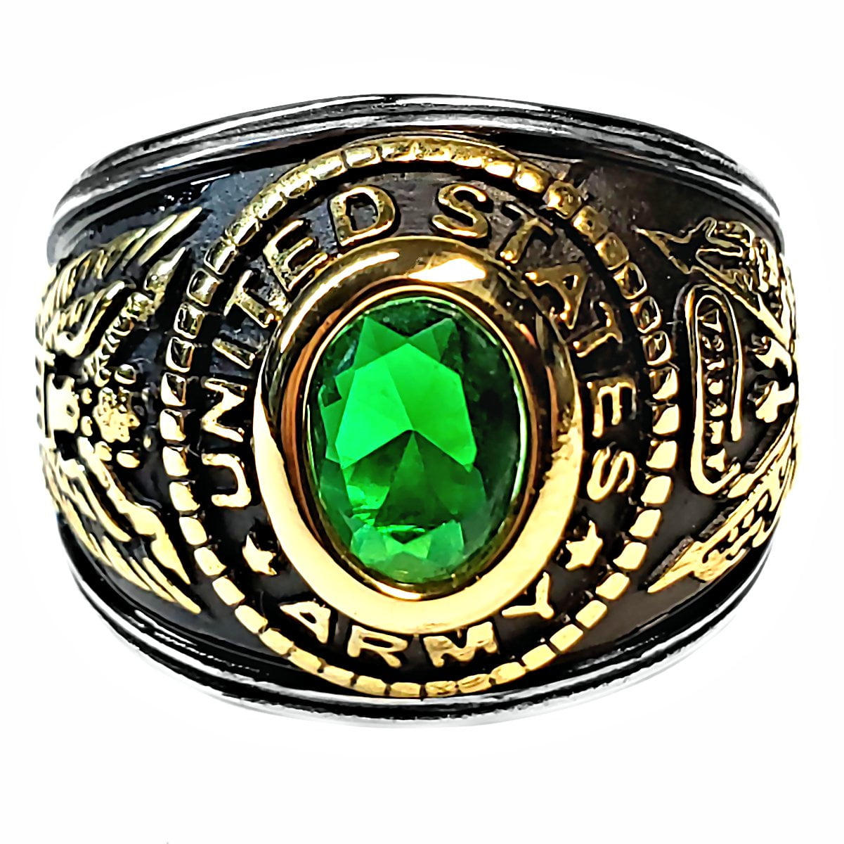United States Army Military Stainless Steel Unisex Green Emerald Ring Size 13 