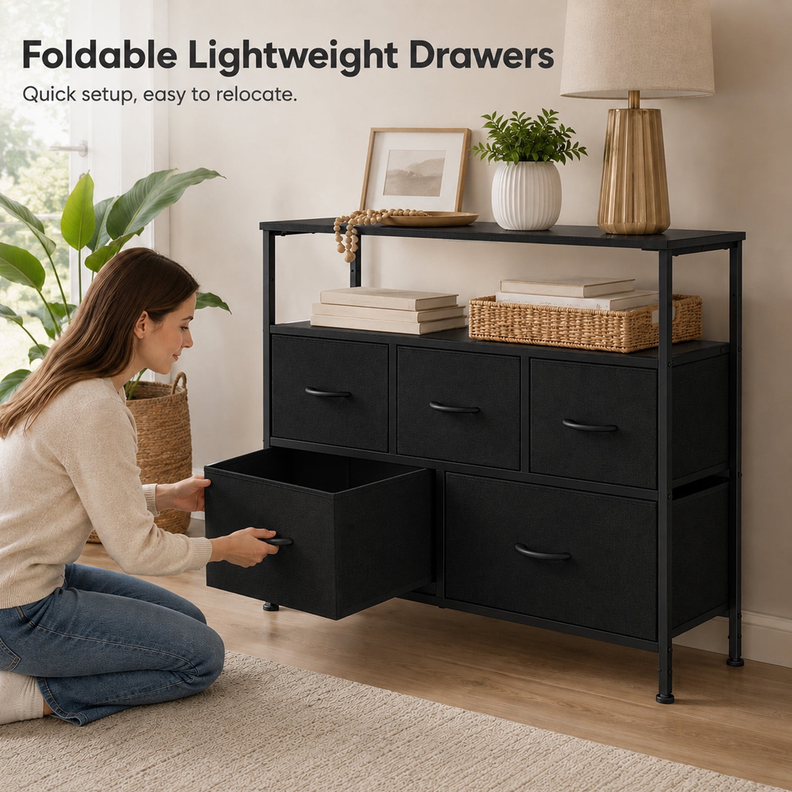 Alvantor Tall Fabric Dresser, TV Stand Media Console, 5 Drawer Storage Tower with Wooden Top for Bedroom, Entryway, Nursery