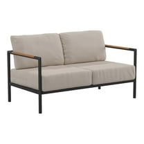 Pemberly Row Aluminum & Fabric Loveseat with Teak Arm Accents in Beige/Black