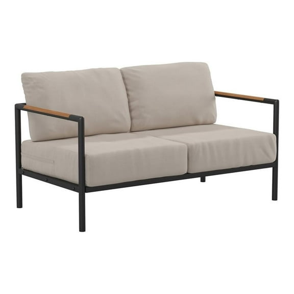 Pemberly Row Aluminum & Fabric Loveseat with Teak Arm Accents in Beige/Black