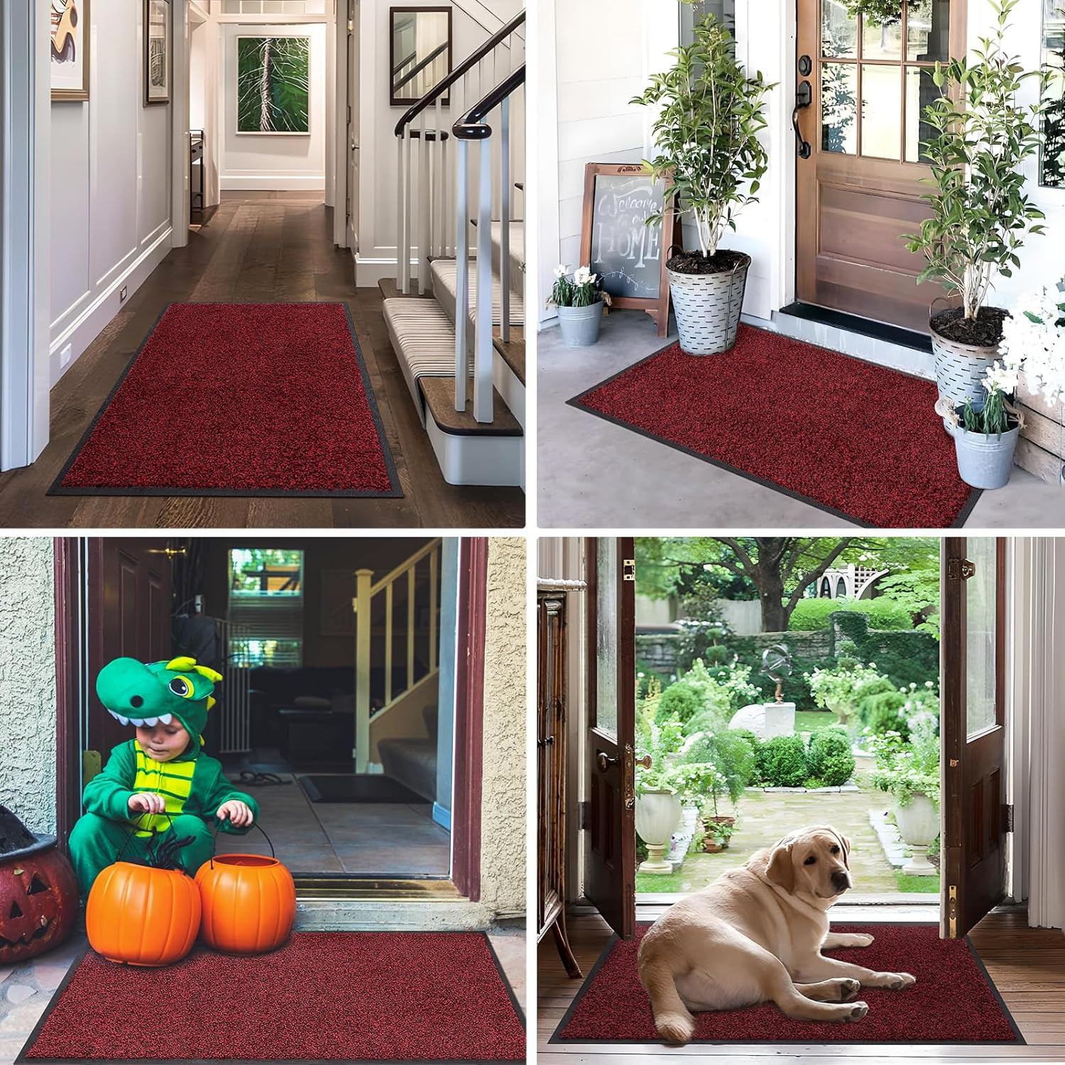 Front Door Mat, Dirt Trapper Welcome Mat for Outdoor Indoor, Non-Slip Waterproof Doormat, Durable Machine Washable Low Profile Entry Rug for Back Door Outside Patio Porch, 36" x 24", Red