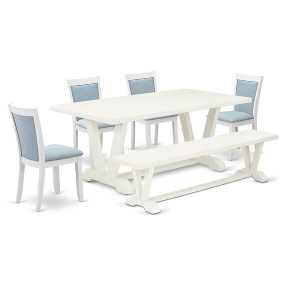 East West Furniture V-Style 6-Piece Asian Wood Dining Set in Baby Blue/White