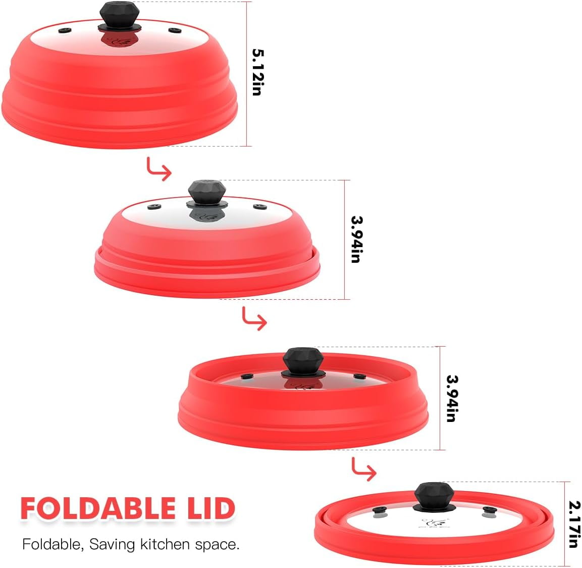 Vented Glass Splatter Guard Lid with Collapsible Silicone for Food - 11.8 inch Large Plate Cover for 6-11 inch Plate Bowl - Red